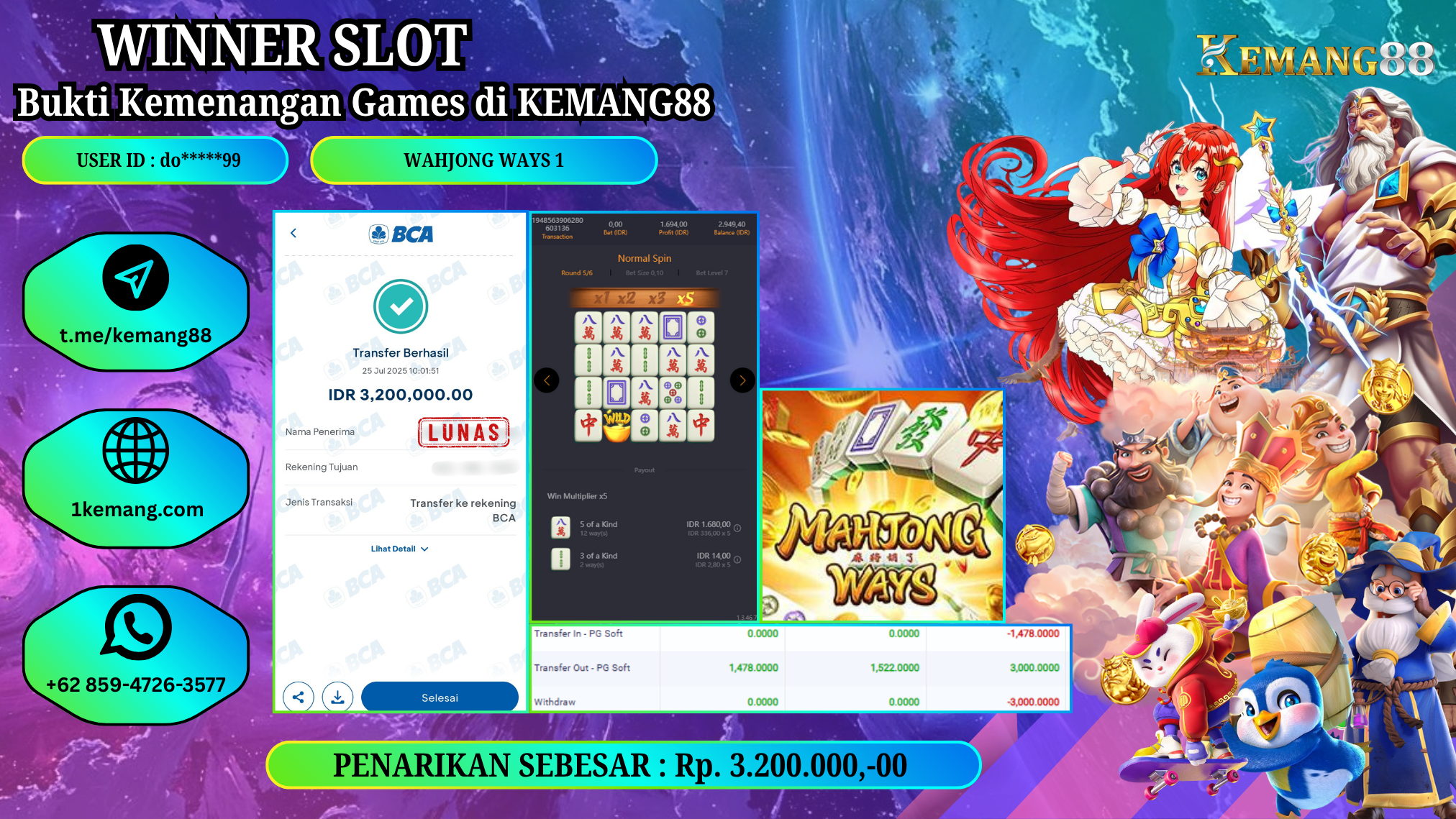 KEMANG88 [25 JULY 2025] : JACKPOT SLOT : MAHJONG WAYS 1 [PG] Rp.3.200.000.,- LUNAS